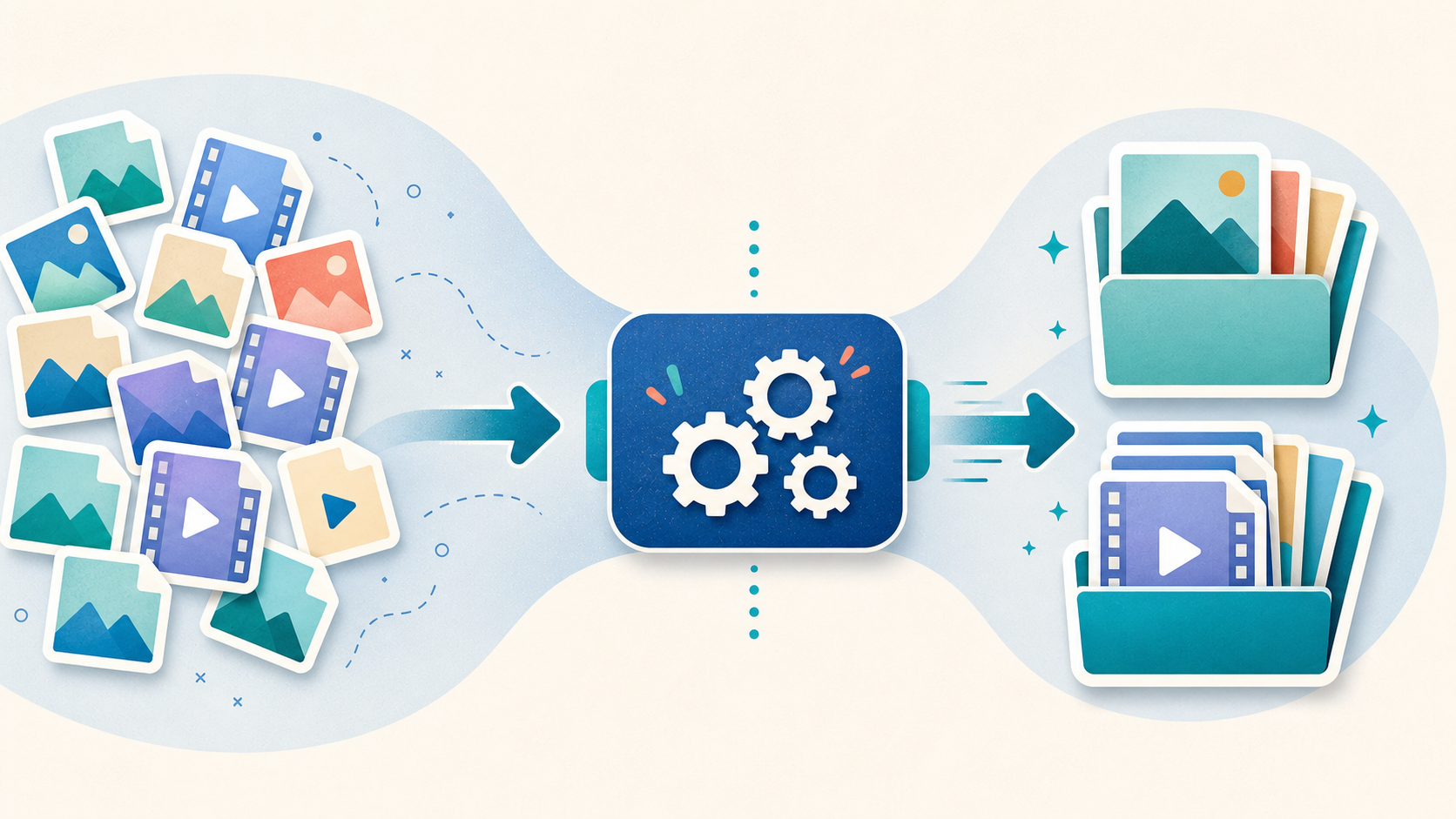 Abstract illustration of many media files flowing through one batch pipeline into organized output folders