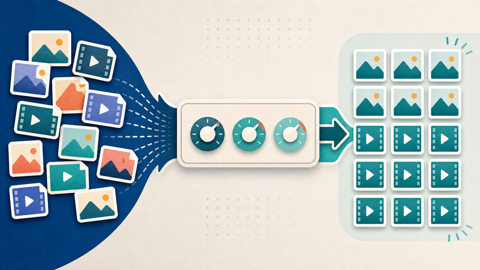 Illustration of a shared settings panel turning mixed files into a clean, consistent output gallery