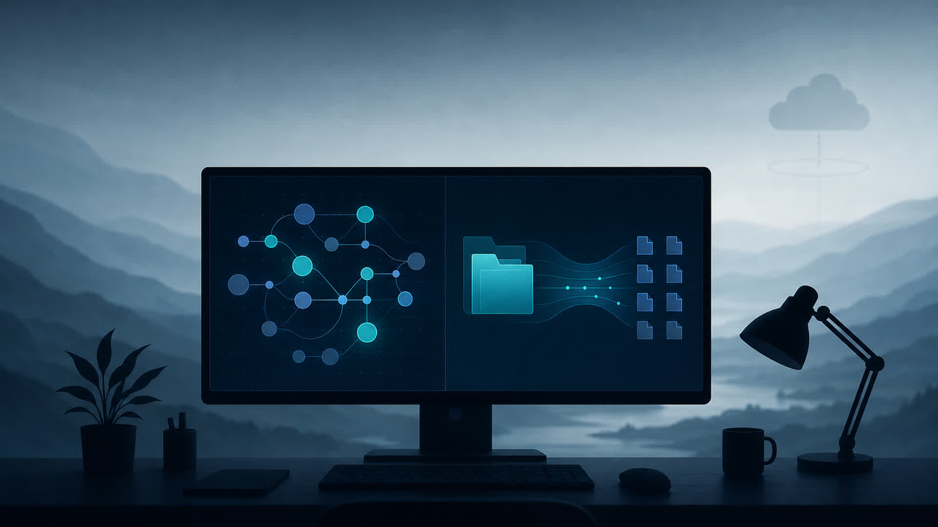 Abstract illustration of a workstation running local graph processing and local batch compression side by side without cloud detours
