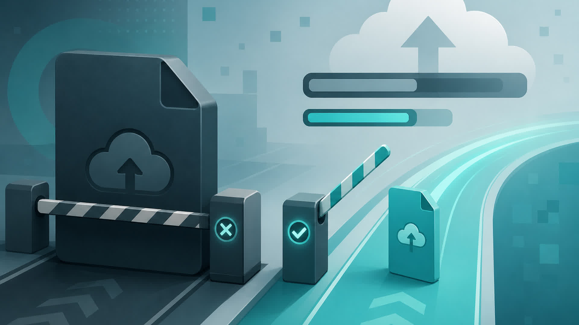 Abstract illustration of a thick file stalling at an upload gateway while a slim optimized file passes through quickly