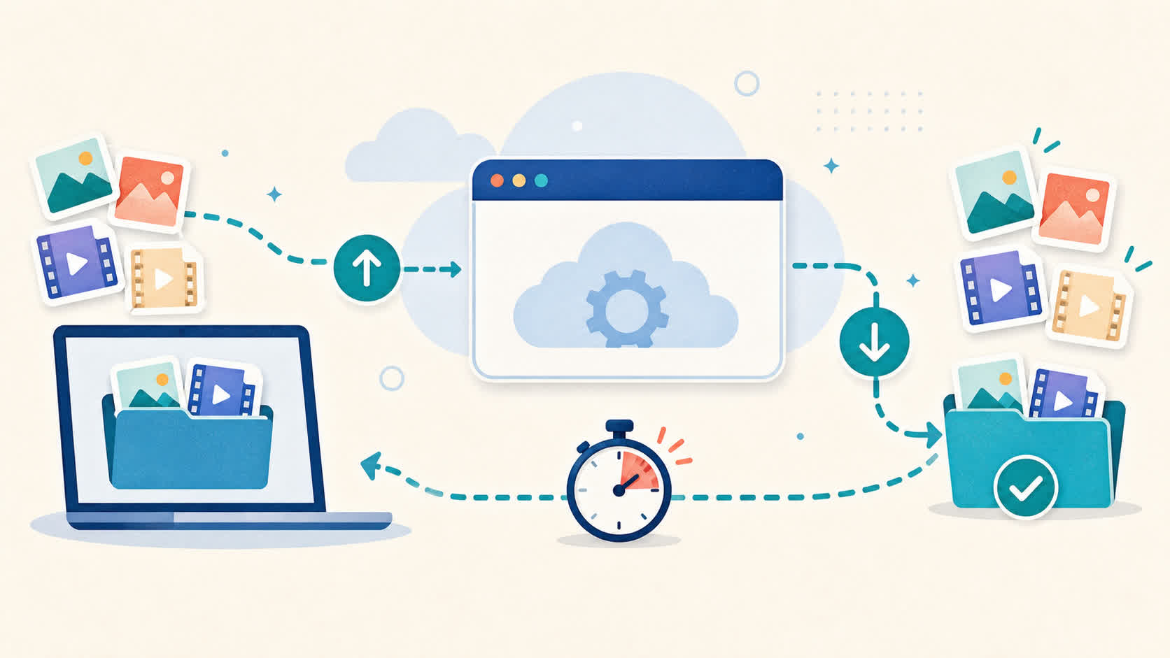 Abstract illustration showing files going through a browser and cloud upload-download loop before coming back as finished output