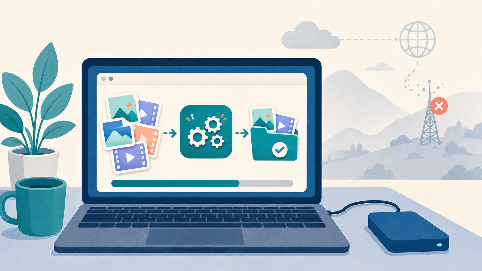 Abstract illustration showing steady on-device processing while internet and cloud elements stay distant and inactive in the background