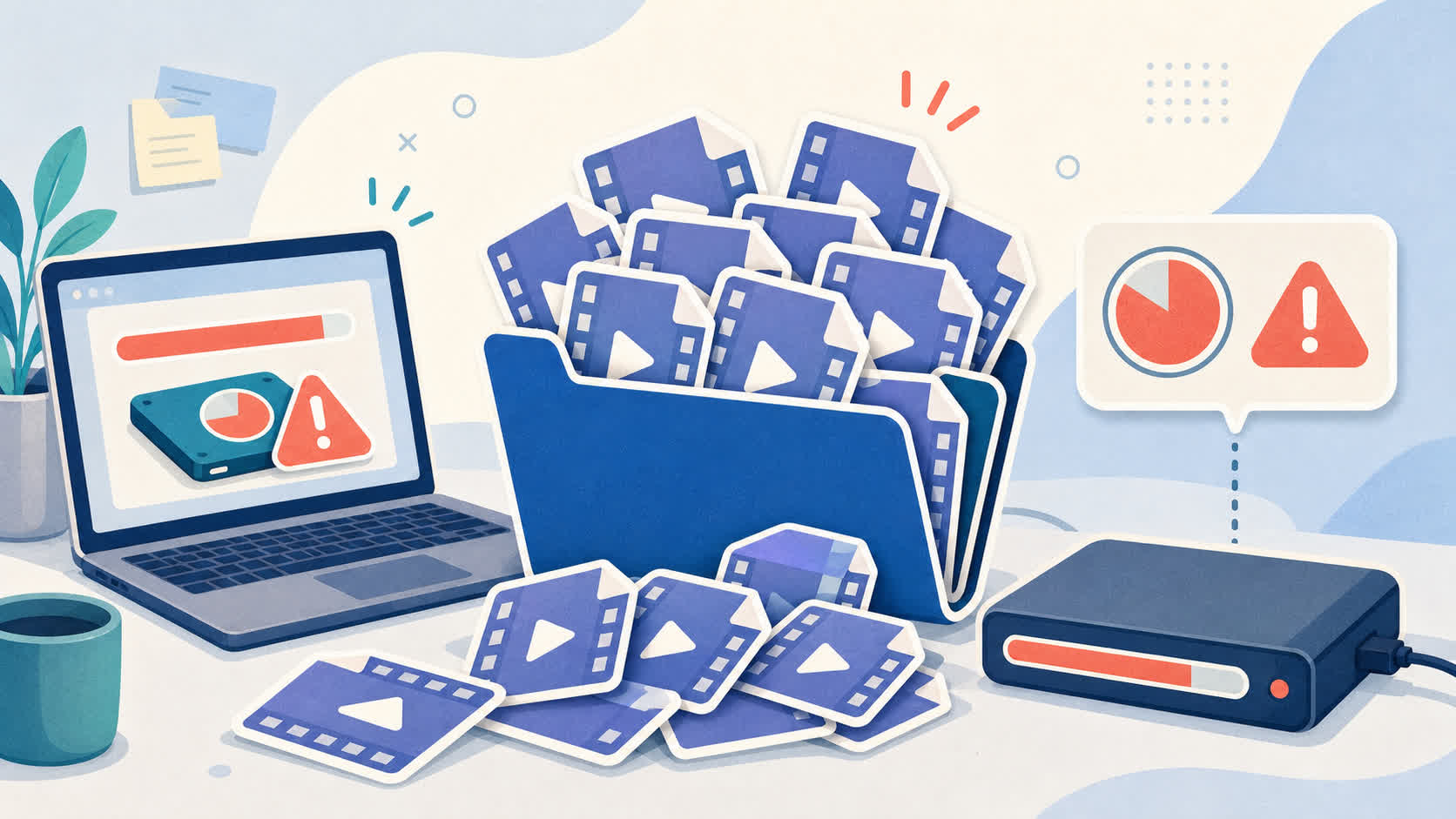 Abstract illustration of a messy folder full of large video exports taking up storage space